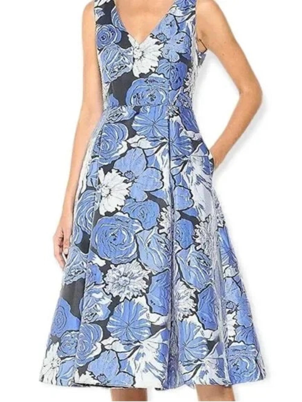 Adrianna Papell Blue and White Floral V-Neck Midi Dress - Picture 2 of 9
